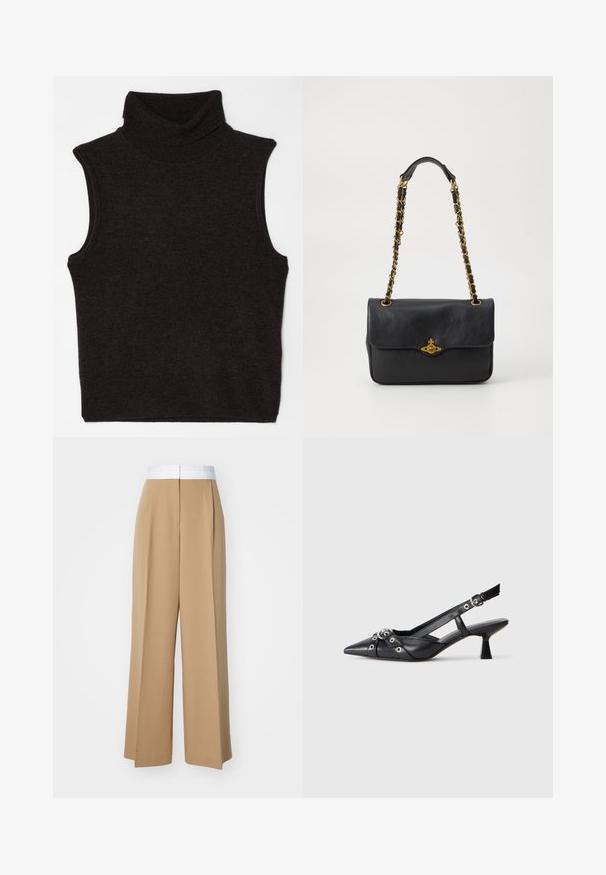 Filippa K TURTLENECK VEST - Top - mocha; Pantaloni a gamba larga in un tessuto marrone chiaro con una cintura bianca a contrasto. Presentano linee pulite e nessun motivo o decorazione visibile.; Scarpa slingback nera in pelle con punta affusolata, cinturini decorativi con occhielli metallici e tacco basso a blocco. Superficie testurizzata.; Borsa a tracolla nera in pelle con pattina pieghevole, tracolla in catena dorata e dettaglio con logo sul davanti. Texture liscia.
