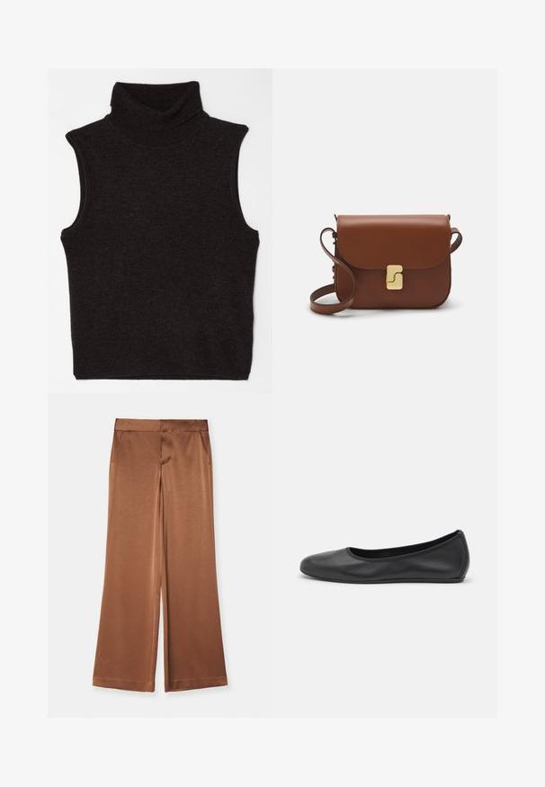 Filippa K TURTLENECK VEST - Top - mocha; Brune brede bukser lavet af satin, med sidelommer, en glat tekstur og en skræddersyet talje for en struktureret pasform.; Sort læderballetsko med rund tå, glat tekstur, minimal syning og et fleksibelt såldesign.; Brun læder håndtaske med flaplukning, hardware i gyldent tone, en skulderrem og en glat overflade. Kompakt rektangulær form.