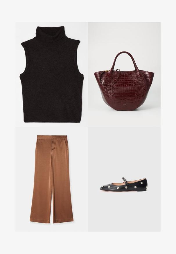 Filippa K TURTLENECK VEST - Top - mocha; Brown wide-leg trousers made of satin, featuring side pockets, a smooth texture, and a tailored waistband for a structured fit.; Black leather Mary Jane flat shoe with a rounded toe, featuring silver circular studs and an adjustable strap with a buckle.; Maroon crocodile-embossed leather tote bag with two handles, a rounded shape, and a subtle gold-tone hardware accent.