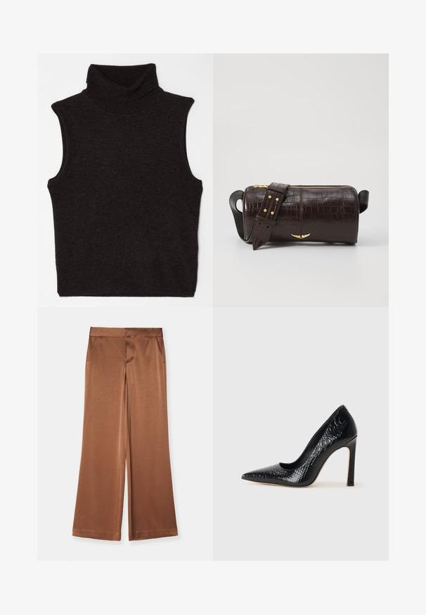 Filippa K TURTLENECK VEST - Top - mocha; Braune weit geschnittene Hosen aus Satin, mit Seitentaschen, glatter Textur und einem taillierten Bund für eine strukturierte Passform.; Schwarzer, spitz zulaufender High Heel mit Krokodilleder-Struktur, elegantem Design, hohem Stiletto-Absatz und glattem schwarzen Innenraum.; Braune, krokodilgeprägte Lederhandtasche mit zylindrischer Form, goldfarbener Hardware und einem abnehmbaren Tragegurt mit Nieten.