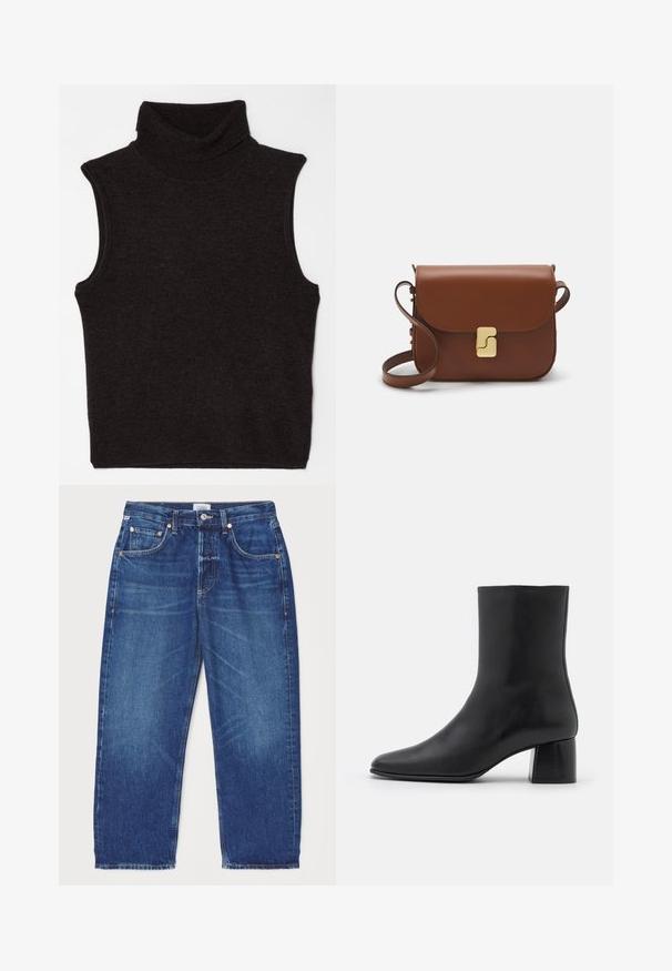 Filippa K TURTLENECK VEST - Top - mocha; Citizens of Humanity DAHLIA IN CLAREMONT - Jeans baggy - dark-blue denim; Stivali ankle in pelle nera con punta affusolata e tacco quadrato grosso. Texture liscia con un design senza cuciture e cuciture minimaliste.; Borsa a tracolla in pelle marrone con chiusura a pattina, hardware color oro, tracolla e una finitura liscia. Forma rettangolare compatta.