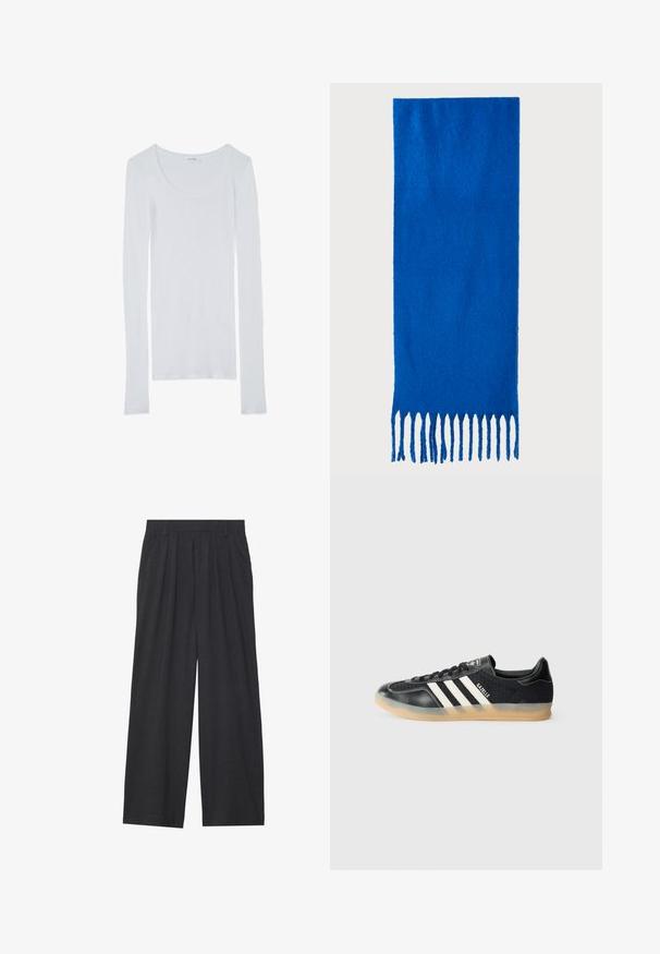 Hvid langermet skjorte med rund udskæring, lavet af blødt, glat stof. Har lange ærmer og en tætsiddende design.; Vidder bukser lavet af mørkegrå stof. Har folder ved taljen, et skræddersyet design og en lige silhuet.; Sorte sportsko med hvide striber, tekstureret stof, glat lædertå og gummisål. Har logo på tungen.; Blå frynset tørklæde lavet af blødt stof; har en ensfarvet overflade med tekstur og jævnt klippede frynser i bunden.; Sort kvadratisk crossbody taske lavet af tekstureret syntetisk materiale. Har et prægede logo design og justerbar strop. Lynlåslukning.