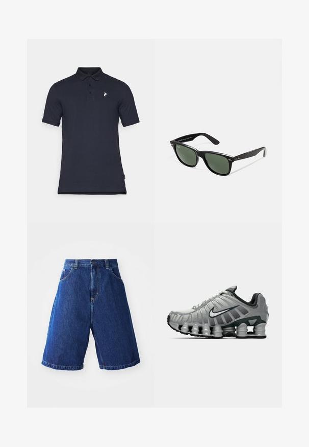 Polo azul-marinho em algodão, com colarinho clássico, fita de três botões e um pequeno logo branco no lado esquerdo do peito. Mangas curtas.; Calções de ganga com lavagem azul, apresentando uma cintura alta, dois bolsos frontais e costura amarela ao longo das costuras.; Sapatilha de corrida Nike cinza e preta com um sistema de amortecimento semelhante a molas visível sob a sola e um logo swoosh branco na lateral.; Óculos de sol de plástico preto com lentes verdes, armações quadradas, detalhe prateado na sobrancelha e hastes texturizadas. Marca indicada na parte interna da haste.