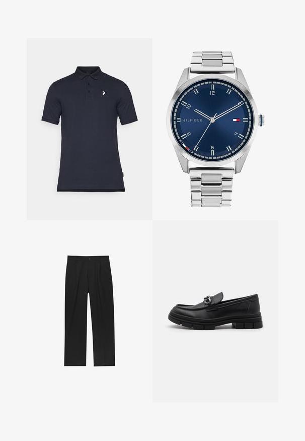 Navy polo tričko vyrobené z bavlny, s klasickým límečkem, zapínáním na tři knoflíky a malým bílým logem na levé hrudi. Krátký rukáv.; Černé kalhoty s rovnými nohavicemi, vyrobené z hladké tkaniny. Mají přední záhyby a jedno knoflíkové zapínání v pase.; Černé kožené mokasíny s kulatou špičkou, dekoračním páskem a kovovými prvky, a masivní texturovanou podrážkou. Hladký povrch s jemnými detaily.; Stříbrné kovové hodinky s broušeným modrým ciferníkem, bílými hodinovými indexy a zobrazením data. Mají spojený kovový pásek a logo značky.