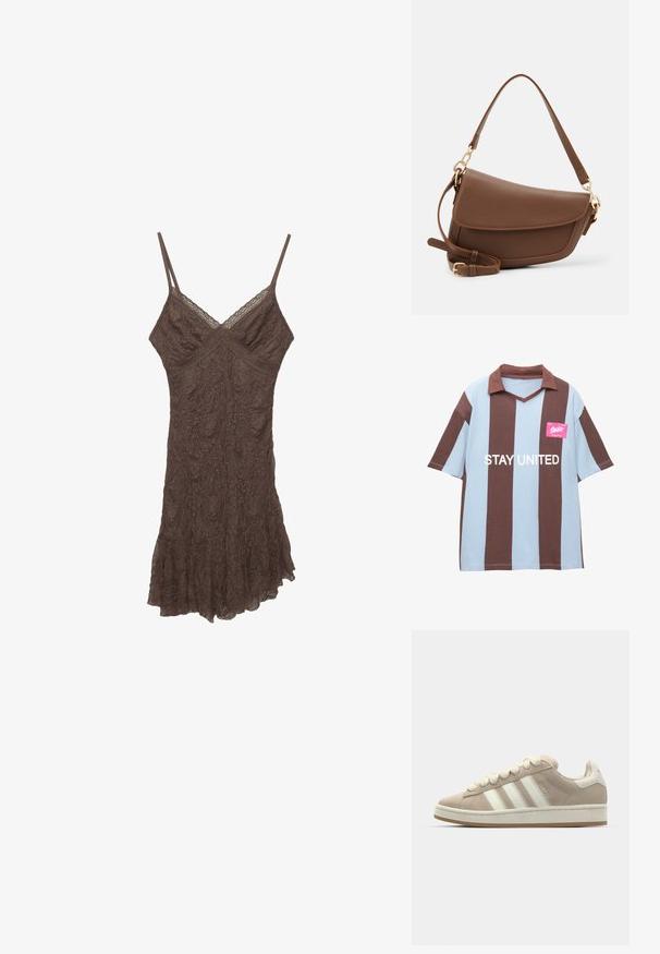 Braun und hellblau gestreiftes kurzärmliges Poloshirt mit V-Ausschnitt; verfügt über ein pinkes Etikett mit der Aufschrift "STAY UNITED" in Weiß.; Braunes Spitzen-Camisole-Kleid mit dünnen Trägern, V-Ausschnitt, strukturiertem Stoff und rüschengesäumtem Saum. Zarte Blumenmuster durch den gesamten Stoff.; Hellbeige Wildlederschuhe mit weißen Lederstreifen und -schnürsenkeln, Gummisohle, gepolstertem Kragen und strukturierten Details auf der Oberseite.; Braune Lederschultertasche mit strukturiertem Finish, geschwungener Form, goldfarbenen Beschlägen, verstellbarem Schulterriemen und Klappenverschluss.