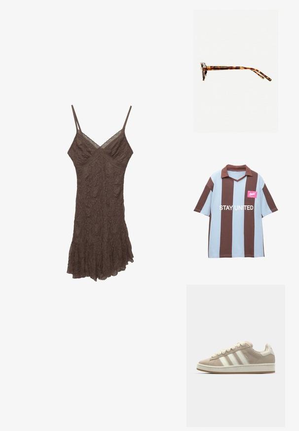 Hnědá a světle modrá pruhovaná polo košile s krátkým rukávem a véčkovým výstřihem; má růžovou visačku s nápisem "STAY UNITED" v bílé barvě.; Hnědá krajková šaty na ramínka s tenkými popruhy, výstřihem do V, texturovanou látkou a volánkovým lemem. Jemné květinové vzory po celé ploše šatů.; Světlé semišové tenisky s bílými koženými pruhy a tkaničkami, gumovou podešví, polstrovaným límcem a texturovanými detaily na svrchní části.; Sluneční brýle v želvovinovém designu s tlustým rámem, mírně zakřivenými spánky a hladkým povrchem. Klasický design s lesklým finišem.; Hnědá kožená taška přes rameno s texturovaným povrchem, zakřiveným tvarem, zlatými kovovými prvky, nastavitelným popruhem a klopovým zapínáním.