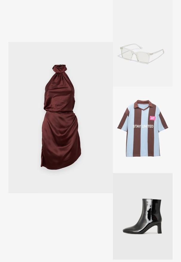 Brązowa i jasnoniebieska w paski, krótka koszulka polo z dekoltem w kształcie litery V; posiada różową metkę z napisem "STAY UNITED" w kolorze białym.; Burgundowa satynowa sukienka na ramiączkach z zebranym dekoltem, dopasowaną górą i drapowaną spódnicą, z bocznym rozcięciem. Gładka tekstura.; Czarne lakierowane botki za kostkę z wysmukłym noskiem i średniej wysokości obcasem w kształcie słupka. Gładka tekstura i minimalistyczny design.; Przezroczyste, kwadratowe okulary z plastiku z półprzezroczystymi soczewkami, z złotymi akcentami na zausznikach dla dodatkowego wykończenia.; Czarna skórzana torba tote o gładkiej fakturze, prostokątnym kształcie i dwóch długich uchwytach. Brak widocznych elementów metalowych i ozdób.