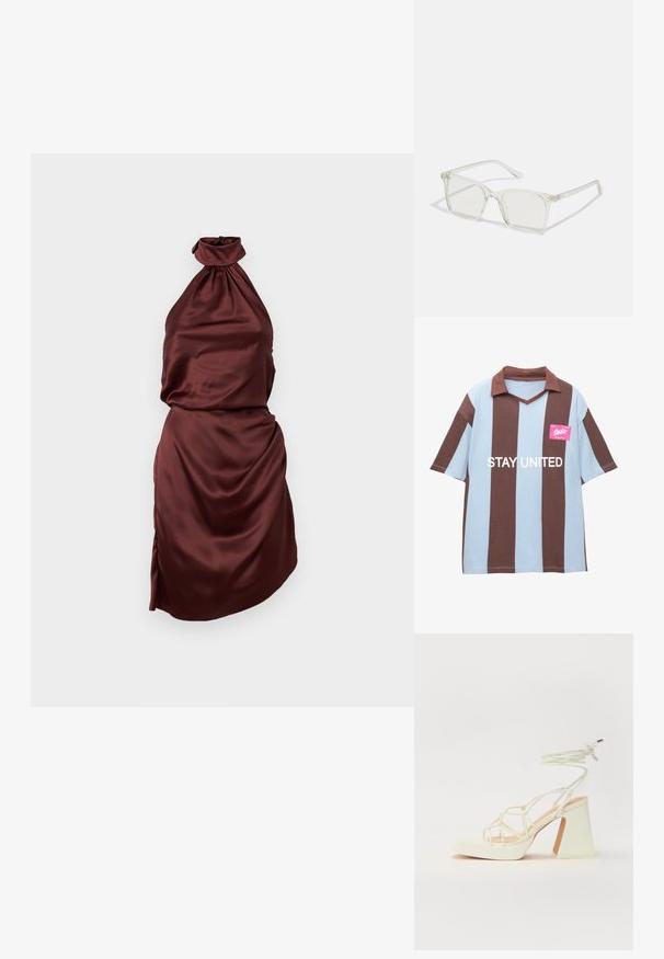Hnědá a světle modrá pruhovaná polo košile s krátkým rukávem a véčkovým výstřihem; má růžovou visačku s nápisem "STAY UNITED" v bílé barvě.; Burgundská saténová šaty s halter krkem, s nařaseným výstřihem, obepnutým korzetem a splývavou sukní, která má boční rozparek. Hladká textura.; Bílé sandály na vysokém podpatku s robustním podpatkem, s designem s pásky a zavazováním kolem kotníku. Hladký povrch s platformou vpředu pro zvýšení výšky.; Průhledné plastové brýle čtvercového rámečku s průsvitnými čočkami, které mají zlaté akcenty na spáncích pro zvýraznění detailů.
