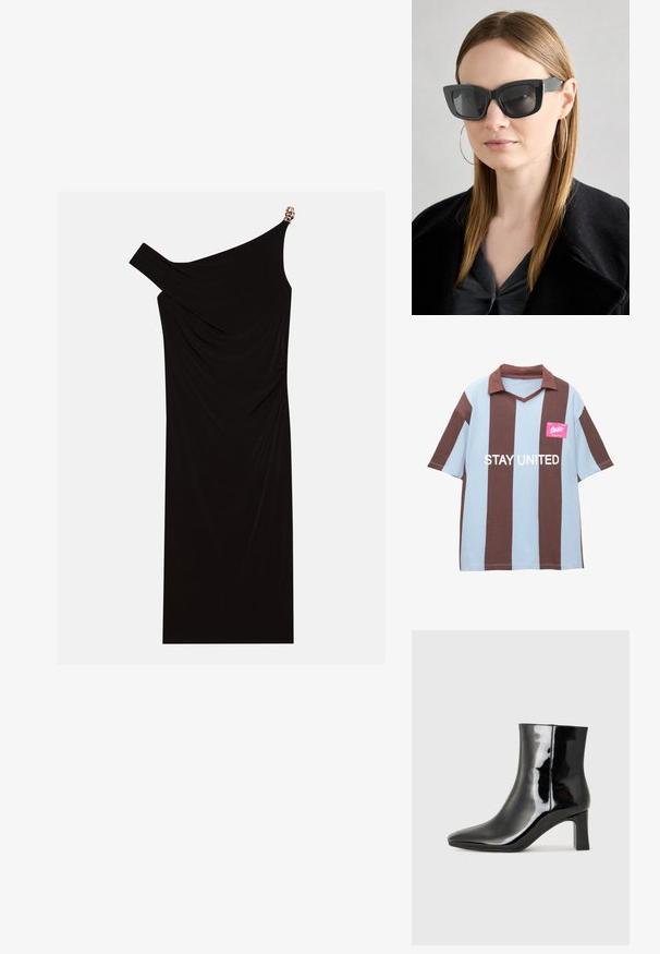 Bruine en lichtblauwe gestreepte polo met korte mouwen en een v-hals; heeft een roze label met "STAY UNITED" in het wit gedrukt.; Zwarte een-schouder jurk gemaakt van gedrapeerde stof met een gouden accent op de schouder, zachte textuur en een knielange ontwerp.; Zwarte gepolijste leren enkellaars met een spitse neus en een blokhak van gemiddelde hoogte. Glad textuur en minimalistisch ontwerp.; Zwarte cat-eye zonnebril met donkere lenzen, dikke monturen en subtiele accenten. Draagt een zwarte jas en een grijze top, met lang stijl haar.
