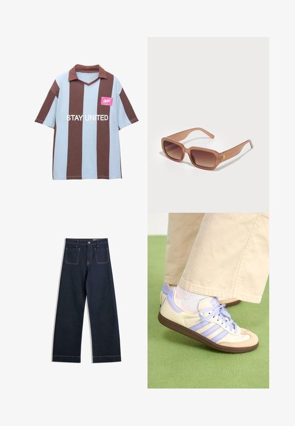Braun und hellblau gestreiftes kurzärmliges Poloshirt mit V-Ausschnitt; verfügt über ein pinkes Etikett mit der Aufschrift "STAY UNITED" in Weiß.; Dunkelblaue weite Jeans aus Denim mit kontrastierendem hellbraunem Nähen, zwei Gesäßtaschen und einem Knopfverschluss an der Taille.; Cremefarbene und lavendelfarbene Sneakers mit drei Streifen und einer strukturierten braunen Sohle, ausgestattet mit Schnürsenkeln und einer gepolsterten Ferse. Obermaterial aus weichem Stoff.; Braune rechteckige Sonnenbrille mit Verlaufslinsen, dicken Rahmen und einem Logodetail an der Seite. Glattes Kunststoffmaterial, minimales Design.; Dunkelbraune Lederhandtasche mit geschwungener Form, Reißverschlussverschluss und kurzem Griff. Sie verfügt über Metallbeschläge und dekorative schwarze Knöpfe an der Seite.