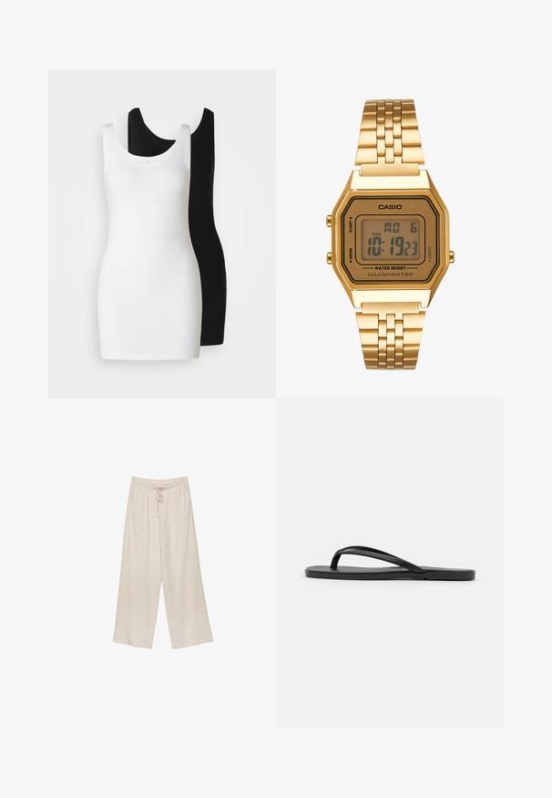 Zwei ärmellose Tanktops: eines in Weiß und eines in Schwarz, aus weichem, dehnbarem Stoff mit rundem Halsausschnitt und taillierter Passform.; Beige Leinen-Hosen mit weitem Bein, mit einem Kordelzugbund, zwei Seitentaschen und einem leicht strukturierten Stoff für Atmungsaktivität und Komfort.; Schwarze Flip-Flops mit minimalistischem Design, flacher Sohle, schmalen Riemen und glatter Textur. Keine zusätzlichen Muster oder Akzente.; Goldene Digitaluhr mit quadratischem Ziffernblatt, LCD-Display, Edelstahlarmband und Tasten an der Seite. Verfügt über eine wasserdichte Kennzeichnung.