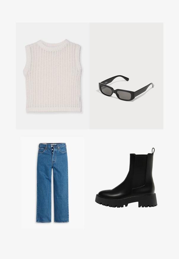 Sleeveless white top with a ribbed texture, featuring a rounded neckline and an open knit design. Simple and casual silhouette.; Blue denim straight-leg jeans with a high waist, five-pocket design, and button fly. Noticeable stitching and copper-tone rivets.; Black leather ankle boot with a textured side panel, rounded toe, and chunky platform sole featuring a zigzag tread pattern.; Black rectangular sunglasses with gray-tinted lenses, made of smooth plastic. Features a minimalist design with straight arms and subtle branding.