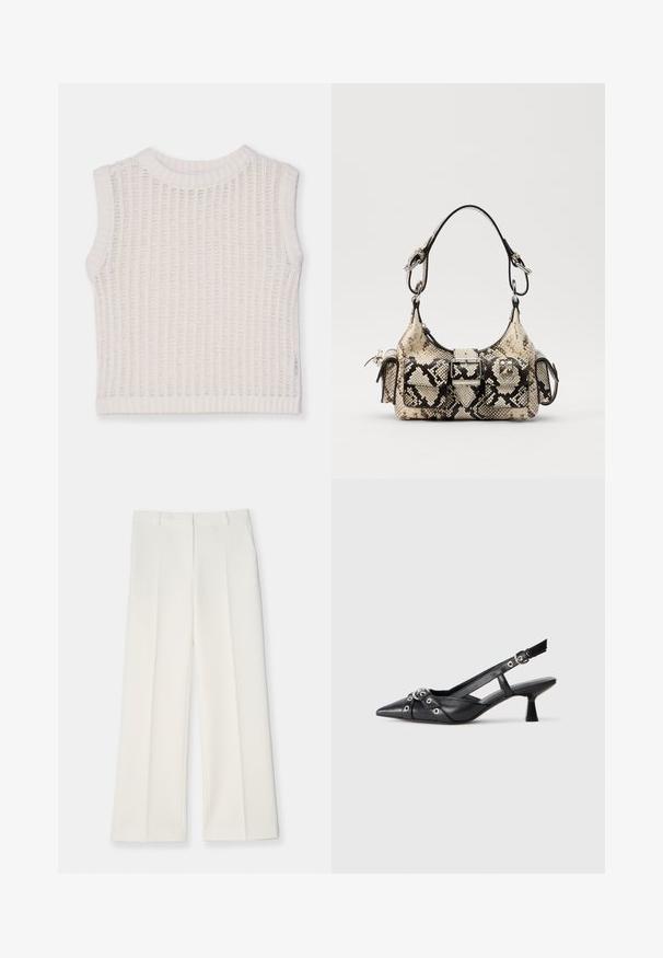 Ärmelloses weißes Top mit geripptem Muster, das einen runden Halsausschnitt und ein offenes Strickdesign aufweist. Schlichte und legere Silhouette.; Weite Hose aus leichtem cremefarbenem Stoff, mit einer glatten Textur, vorderen Falten und zwei Seitentaschen. Maßgeschneiderter Bund.; Schwarzer Leder-Slingback-Schuh mit spitz zulaufender Zehenpartie, dekorativen Riemen mit METALLÖSEN und niedrigem Blockabsatz. Strukturelle Oberfläche.; Python-Handtasche in Beige und Schwarz, mit strukturiertem Design, Schnallen-Details und doppelten Schulterträgern. Texturierte Oberfläche.