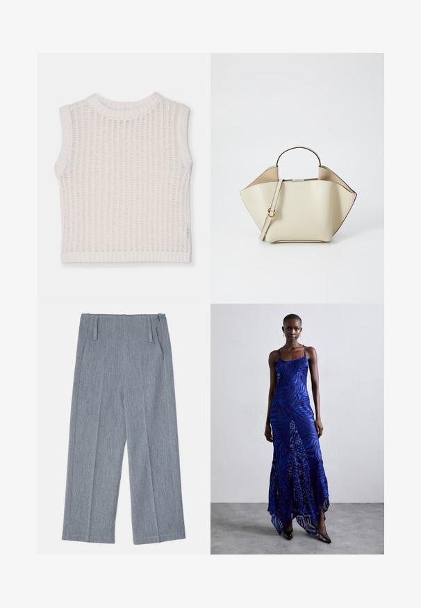 Ujjatlan, fehér felső bordázott textúrával, lekerekített nyakkivágással és nyitott kötésmintával. Egyszerű és laza sziluett.; Világosszürke, bőszárú nadrág, texturált anyagból készült, két elülső redővel és két oldalsó zsebbel. Letisztult, igényes dizájn.; Kék és lila állatmintás maxi ruha vékony pántokkal, testhez simuló felső résszel, kibővített szoknyával és áttetsző díszítéssel.; Ree Projects ANN - Kézitáska - beige