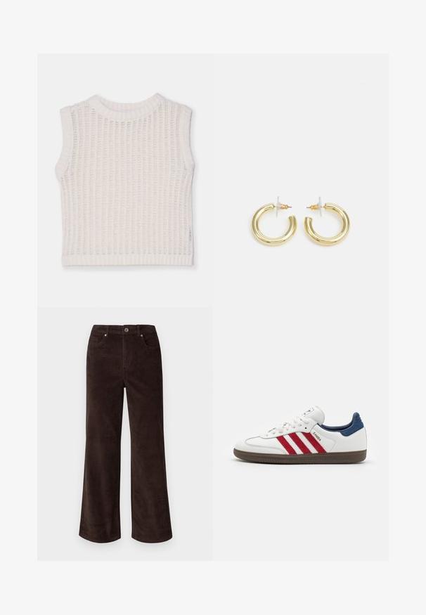 Bež rukavac bez rukava, s rebrastom teksturom, s okruglim izrezom i otvorenim pletenjem. Jednostavna i ležerna silueta.; Vero Moda Petite VMTESSA PANTS - Hlače - chocolate torte; Bijeli trenerci s crvenim suedenim prugama, plavim suedenim naglaskom na peti i teksturiranom smeškom od smešnog gume. Ima zatvaranje na vezivanje i logo.; Zlatne kružne naušnice s glatkom, sjajnom završnom obradom. Kružni dizajn s malom potporom i prozirnom podlogom za sigurno nošenje.