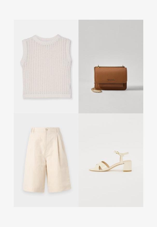Mouwloos wit topje met een geribbelde textuur, voorzien van een ronde halslijn en een open breiontwerp. Eenvoudige en casual silhoutte.; Beige linnen shorts met een relaxte pasvorm, voorzien van een knoopsluiting, geplooid ontwerp en knie-lange snit. Glad textuur en eenvoudig stijl.; Beige gepolijst lederen sandalen met hakken, voorzien van een kruisbandontwerp, open teen, verstelbare enkelband en een blokhak. Gladde textuur.; Bruine lederen schoudertas met textuur, voorzien van een gouden kettingstrap en klepsluiting. De voorkant heeft een logo-detail en een zak onder de klep.