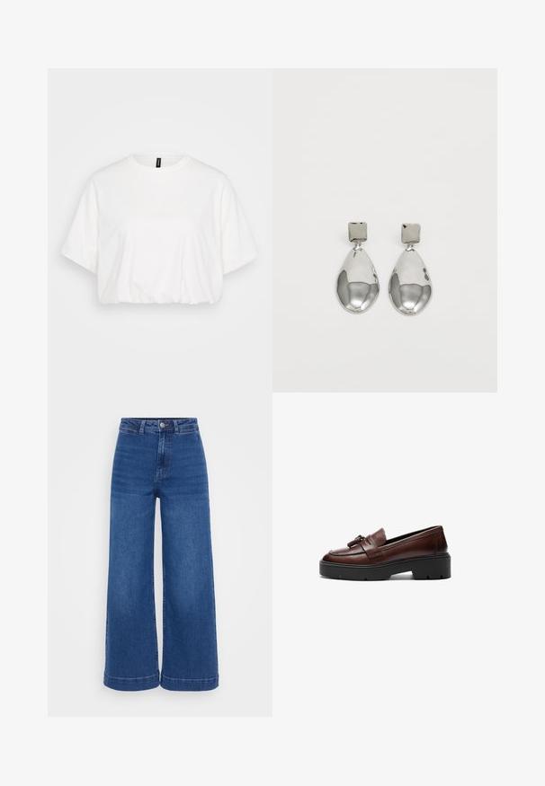 Biała krótka koszulka z miękkiej bawełny. Charakteryzuje się okrągłym dekoltem, krótkimi rękawami oraz marszczonym dołem, co zapewnia luźniejszy krój.; Jeans o wysokim stanie z szerokimi nogawkami w średnim niebieskim dżinsie, z zapięciem na guzik, pętelkami na pasek i czystym dołem bez przetarć.; Brązowe skórzane mokasyny o eleganckim designie, kontrastowej czarnej platformie oraz dekoracyjnym frędzlu na przodzie. Gładka tekstura.; Srebrne kolczyki w kształcie kropli z kwadratowym sztyftem, cechujące się gładkim, polerowanym wykończeniem oraz kształtem łzy, odbijające światło dzięki błyszczącej powierzchni.