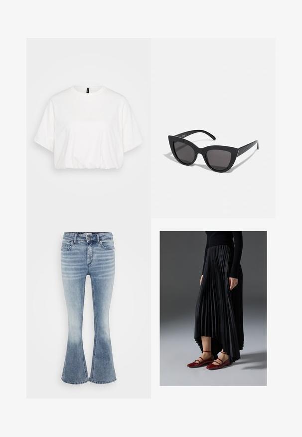 Witte cropped T-shirt van zachte katoen. Beschikt over een ronde hals, korte mouwen en eenGathered zoom voor een ontspannen pasvorm.; Lichtblauwe uitlopende jeans van denim, met een klassiek vijf-pocketdesign, een ritssluiting aan de voorkant en subtiele vervaging langs de bovenbenen.; Zwarte geplooide rok met een high-low zoom, gecombineerd met glanzende rode ballerina's met een bandontwerp. De stof heeft een soepele textuur.; Zwarte cat-eye zonnebril met een matte afwerking, voorzien van grijs getinte glazen, scherpe hoeken en slanke zijarmen. Merkennaam zichtbaar op de binnenarm.; Zilveren oorbellen in de vorm van een gladde, gepolijste ring. Ronde vorm met een veilige kliksluiting. Lichtgewicht ontwerp, geschikt voor dagelijks gebruik.