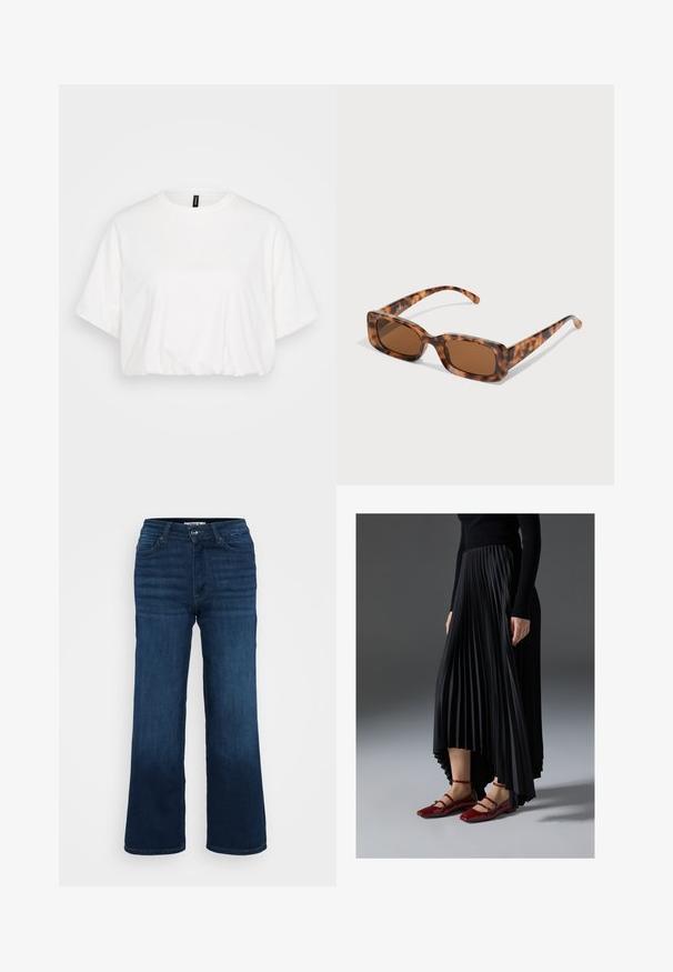 Witte cropped T-shirt van zachte katoen. Beschikt over een ronde hals, korte mouwen en eenGathered zoom voor een ontspannen pasvorm.; ONLY Petite ONLMADISON BLUSH WIDE - Wide leg - dark blue denim; Zwarte geplooide rok met een high-low zoom, gecombineerd met glanzende rode ballerina's met een bandontwerp. De stof heeft een soepele textuur.; Tortoiseshell zonnebril met rechthoekige bruine lenzen, een dik montuur en slanke armen met een patroon van variërende bruintinten.; Zwarte leren schoudertas met een gebogen ontwerp, opvallende sluiting met gesp en witte stiksels. Inclusief verstelbare schouderband.; Zilveren oorringen met een strikontwerp, afgewerkt met een gladde en gepolijste textuur. Compacte, minimalistische stijl die geschikt is voor verschillende gelegenheden.