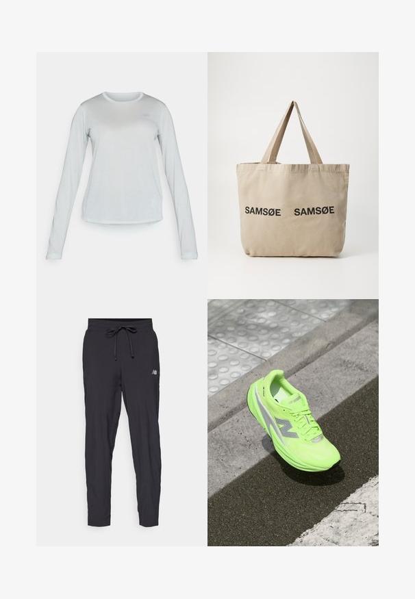 Camisa de malha cinza claro de manga longa com decote redondo, apresentando um padrão texturizado subtil e um pequeno logotipo no peito.; Calças de corrida pretas feitas de material leve, com cintura elástica e cordão ajustável. Apresenta um pequeno logotipo na lateral.; Sapatilha de corrida New Balance verde-neon brilhante descansando sobre uma calçada texturizada perto de uma superfície tátil para pessoas com deficiência visual e a borda do passeio.; Saco de lona bege com dois logos em preto impressos "SAMØE". Possui alças de ombro robustas em bege e um design simples e desestruturado.