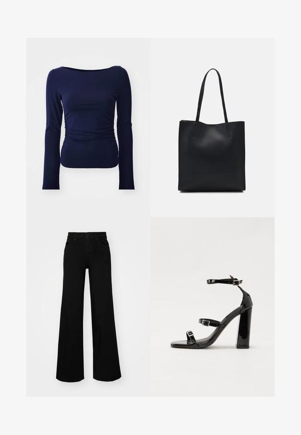 Μαύρο μπλουζάκι με μακριά μανίκια σε μαλακό, ελαστικό ύφασμα, με στρογγυλή λαιμόκοψη και σ gathered λεπτομέρεια στο πλάι, προσφέροντας σιλουέτα που αγκαλιάζει το σώμα.; Μαύρο παντελόνι με φαρδιά μπατζάκια από τζίν, με δομημένη μέση, θηλιές ζώνης και μπροστινές τσέπες. Λείος υφασμάτινος σχεδιασμός με κλασική εμφάνιση.; Μαύρες πατέντες σανδάλια με τακούνι, τετράγωνη μύτη, ιμάντες αστραγάλου και ασημένιες πόρπες. Διαθέτουν χοντρό μπλοκ τακούνι για σταθερότητα.; Μαύρη δερμάτινη τσάντα tote με λείο υφή, ορθογώνιο σχήμα και δύο μακριές λαβές. Χωρίς ορατό υλικό ή διακοσμητικά στοιχεία.