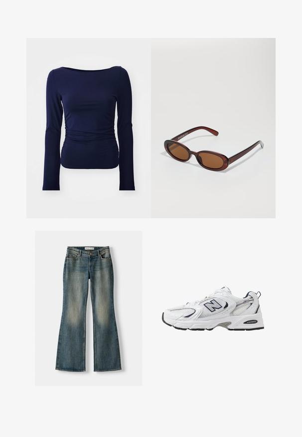 Laivaston sininen pitkähihainen paita pehmeästä ja joustavasta kankaasta, jossa on pyöreä kaula-aukko ja frunttaus sivuilla, mikä tarjoaa vartalonmyötäisen siluetin.; Siniset leveälahkeiset farkut, joissa on haalistunut pesu, viisi taskua ja nappikiinnitys. Materiaalissa on farkkukangas, jossa on hienovaraisia ompeluyksityiskohtia.; Valkoinen urheilushoe, jossa on verkkomateriaali päällä, laivastonsiniset yksityiskohdat ja pehmeä pohja. Varustettu "N"-logolla, nauhoilla ja teksturoidulla yksityiskohdalla sivussa.; Pyöreät, ruskehtavat aurinkolasit, joissa on kiiltävä burgundinpunainen runko. Kapeat sivut, joissa on hienovarainen brändäys. Litteät linssit.