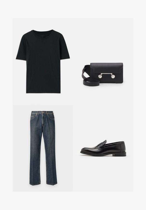 T-shirt preta de manga curta, feita de tecido suave, com decote redondo e um corte descontraído. Design simples, sem padrões ou detalhes visíveis.; Jeans de ganga de perna reta azul escuro com botão à frente, fecho de correr, dois bolsos frontais e vinco vertical visível ao longo das pernas.; Mocassins de couro preto com uma textura suave, bico arredondado e uma faixa decorativa sobre o peito do pé. Salto baixo e empilhado, design minimalista.; Saco transversal em pele preta com fecho de aba, ferragens em tom prateado e dois acentos redondos. Apresenta uma alça destacável. Textura suave.
