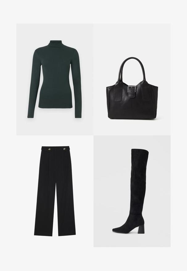 Dark green long-sleeve turtleneck top with fitted silhouette on a plain white background.; Black wide-leg trousers with high waist, button details on waistband, and front pleats.; Black suede knee-high boot with block heel, pointed toe, and smooth, seamless design on a plain light background.; Black leather tote bag with smooth texture, structured shape, two handles, and a prominent silver buckle detail on the front.