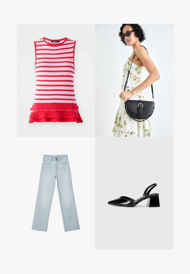 Top senza maniche a righe rosse e rosa con un design a maglia testurizzata e orlo a volant, caratterizzato da un collo rotondo e una silhouette aderente.; Jeans a gamba larga di colore blu chiaro realizzati in denim. Presentano cinque tasche, un bottone sul davanti e dettagli sbiaditi. Taglio dritto classico con vestibilità ampia.; Décolleté in vernice nera con punta affusolata e tacco in geometria cubica. Presentano un design elegante e minimalista, con una texture liscia.; Borsa a tracolla nera in pelle con una forma curva, manico rimovibile e accessori dorati. La borsa presenta una patta con un dettaglio a fibbia.
