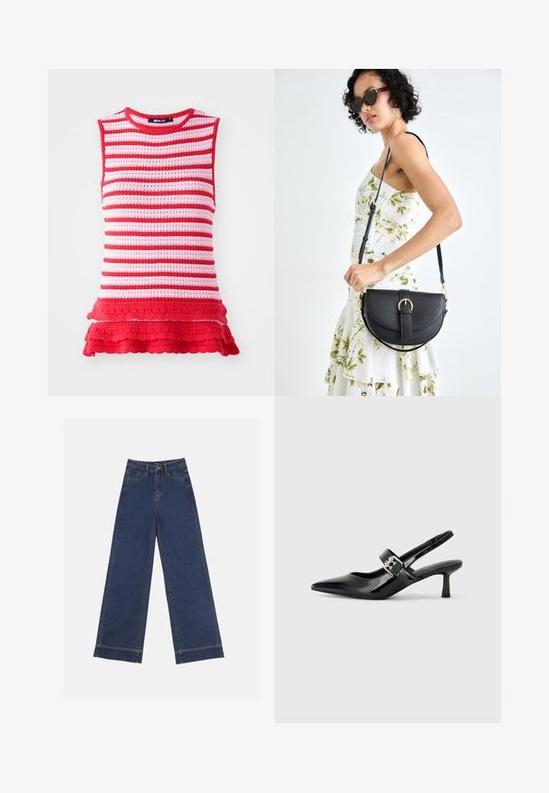 Top senza maniche a righe rosse e rosa con un design a maglia testurizzata e orlo a volant, caratterizzato da un collo rotondo e una silhouette aderente.; Jeans a gamba larga in denim blu scuro. Presentano cinque tasche, passanti per cintura e un orlo grezzo in fondo con dettagli di cucitura visibili.; Décolleté neri in vernice con punta affilata e tacco a blocco piccolo, dotati di un accentuato con fibbia argentata sulla cinturino.; Borsa a tracolla nera in pelle con una forma curva, manico rimovibile e accessori dorati. La borsa presenta una patta con un dettaglio a fibbia.