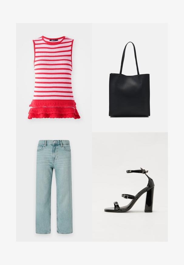 Rood en roze gestreepte mouwloze top met een gebreide textuur en een gerimpelde zoom, voorzien van een ronde halslijn en een getailleerde pasvorm.; Lichtblauwe wijde jeans van denim, met een klassieke vijf-pocketontwerp, strakke lijnen en een normale tailleband met een knoopsluiting.; Zwarte gepatenteerde sandalen met hak en een vierkante neus, enkelbandjes en zilveren gespen. Heeft een stevige blokhak voor stabiliteit.; Zwarte leren handtas met een gladde textuur, rechthoekige vorm en twee lange handvaten. Geen zichtbare hardware of versieringen.