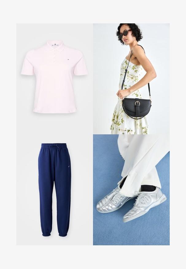 Světle růžová polo košile z hladkého materiálu, s límečkem, třemi knoflíky a malým logem na levé hrudi.; Tmavě modré tepláky vyrobené z měkké látky, se elastickým pasem se šňůrkou, elastickými manžetami a malým bílým logem.; Stříbrné sportovní boty s hladkým, lesklým povrchem, se šitým designem a číslem 90 na boku, spárované s bílými kalhotami.; Černá kožená kabelka s křivkovým tvarem, odnímatelným popruhem a zlatými detaily. Kabelka má klopu s přezkou.