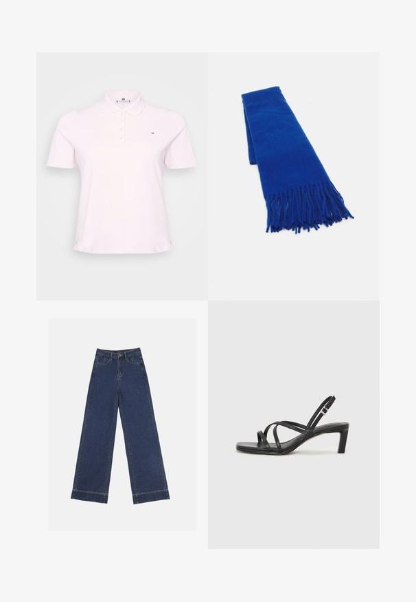 Világos rózsaszín pólóing sima anyagból, galléros nyakkal, három gombbal és egy kis logóval a bal mellen.; Sötétkék denim széles lábú farmernadrág. Öt zsebbel, övhurkokkal és nyers szegéllyel az alján, amelyen látható varrási részletek találhatók.; Fekete pántos szandál négyzetes orral és alacsony blokk sarkal. Több vékony pánttal és állítható boka pánttal rendelkezik. Sima bőrből készült.; Kék szőtt sál, bojtós végekkel, sima textúrával, téglalap alakú, és egyenletes színnel. Hideg időjárásra alkalmas.