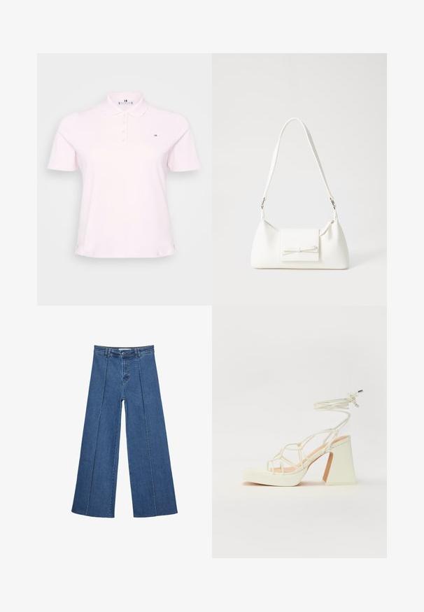 Hellrosa Polohemd aus glattem Stoff, mit einem Kragen, drei Knöpfen und einem kleinen Logo auf der linken Brust.; Weite Jeans aus Denim in Mittelblau, mit hoher Taille, Knopfverschluss und kontrastierenden vertikalen Nahtdetails an der Vorderseite.; Weiße High-Heel-Sandale mit einem klobigen Absatz, die über ein Riemchendesign und ein Knöchelband verfügt. Glatte Textur mit einer Plattform vorne für zusätzliche Höhe.; Weiße synthetische Handtasche in dreieckiger Form, flache Vorderklappe und Schleifendetail, verstellbarer Trageriemen, glatte Textur und minimalistisches Design.