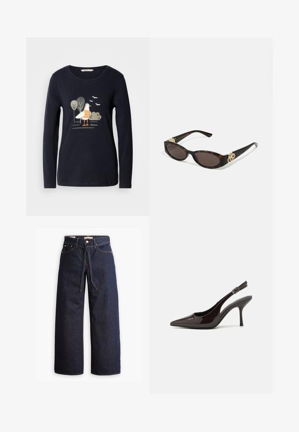 Granatowa koszula z długim rękawem z graficznym motywem ptaka z pomarańczowymi akcentami, otoczona stylizowanymi drzewami i ptakami w minimalistycznym wzornictwie.; Spodnie dżinsowe w kolorze ciemnoniebieskim o szerokich nogawkach i wysokim stanie, z wiązaniem na sznurki, pięcioma kieszeniami oraz kontrastowymi detalami w staszcu.; Sandały na obcasie typu slingback z błyszczącej ciemno-brązowej lakierowanej skóry, w szpic, z otwartymi bokami i regulowanym paskiem wokół kostki.; Słoneczne okulary w kolorze żółwi z wydłużonymi owalnymi soczewkami, brązowym odcieniem, złotymi akcentami logo na zausznikach oraz smukłymi czarnymi ramionami.