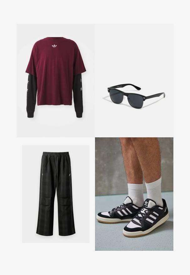Μαρόν κοντομάνικο πουκάμισο πάνω από μαύρες μακρυμάνικες μπλούζες, με υφασμάτινο λογότυπο στην πλάτη και σχέδια με αστέρια στα μανίκια.; Μαύρο καρό παντελόνι με ελαστική μέση, δύο μπροστινές τσέπες και χαλαρή εφαρμογή με ευθεία γραμμή. Φτιαγμένο από ελαφρύ υλικό.; Μαύρα και λευκά αθλητικά παπούτσια με άνω μέρος από σουέτ και δέρμα, featuring τρεις λευκές ρίγες, περατά δάχτυλα και σόλα από καουτσούκ τύπου γκαστ. ; Μαύρα γυαλιά ηλίου σε ορθογώνιο σχήμα, σκούροι φακοί, ασημί λεπτομέρειες στους κροτάφους και ματ φινίρισμα στον σκελετό.