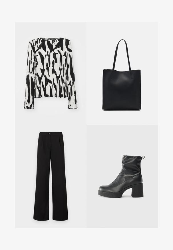 Fekete-fehér redőzött felső hosszú ujjakkal, kerek nyakkivágással és absztrakt mintázattal. Könnyű anyagból, texturált felülettel készült.; Fekete, magas derékú, széles szárú nadrág elöl gombos és cipzáros záródással, a derékpánt alatt finom redőzéssel.; Fekete bokacsizmák sima bőrből, oldalsó cipzárral, vastag, texturált sarkú és lekerekített orrú dizájnnal.; Fekete bőrtáska sima felszínnel, téglalap alakú, két hosszú füllel. Nincs látható fémkiegészítő vagy díszítés.