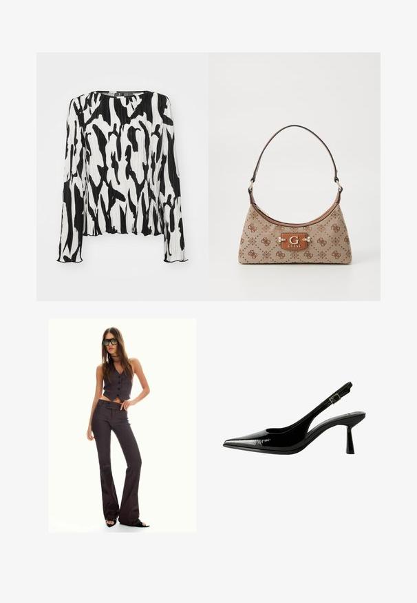 Mustat ja valkoiset laskostetut yläosat, joissa on pitkät hihat, pyöreä kaula-aukko ja abstrakti kuvio. Valmistettu kevyestä kankaasta, jossa on tekstuuri.; Ruskean raitaisten lyhyiden haalareiden ja levenevien housujen asu, jossa on napit ja teksturoitu kangas. Mustat avokkaat ja ylisuuret aurinkolasit.; Musta lakattu nahkasaapas, jossa on teräväkärkinen malli, leikattuja sivuja, säädettävä nilkkain ja ohut, virtaviivainen korko.; Kangaskassi beige-värissä ruskeilla kuvioiduilla yksityiskohdilla. Ominaisuuksiin kuuluu kaareva muoto, yksi kantohihna ja edessä oleva logo-plaatti hopeisilla yksityiskohdilla.