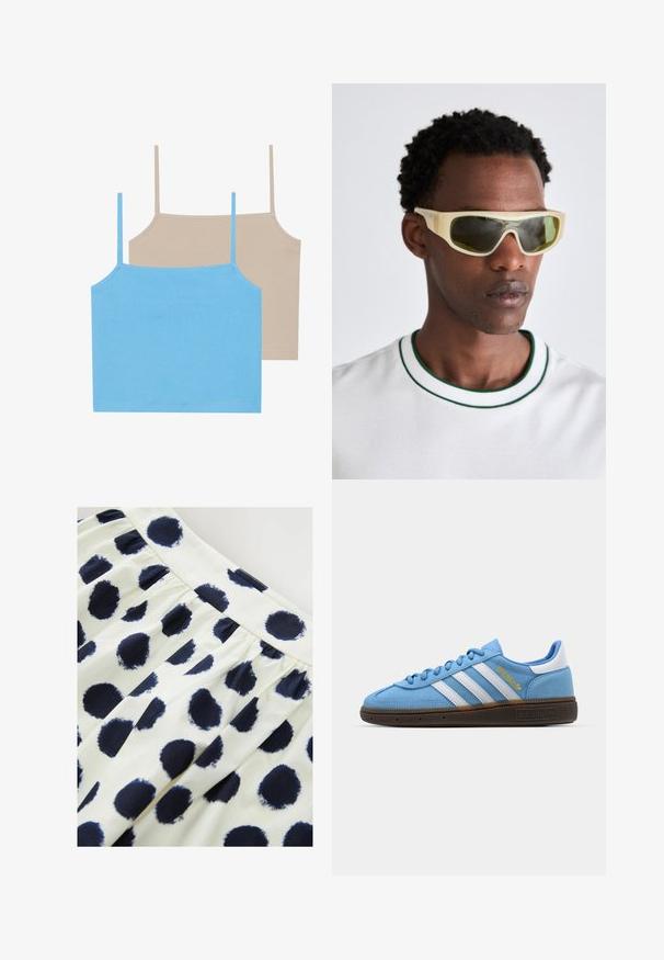 Even&Odd 2 PACK - Top - azure blue/simply taupe; Bijela suknja od tkanine s mornarsko plavim kružnim točkicama. Suknja ima nabran struk i glatku teksturu.; Svijetloplave nubuk tenisice s bijelim kožnim trakama, smešim teksturiranim đonom i zlatnim logom. Dizajn niskih tenisica s zaobljenim vrhom.; Naočale sa prozirnim žutim okvirom i zelenim staklima. Angulirani dizajn s širokim ručkama, nosi se s bijelom košuljom koja ima zelene akcentne detalje.