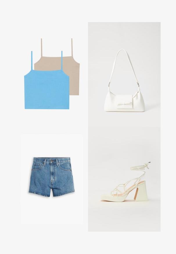 Even&Odd 2 PACK - Top - azure blue/simply taupe; Shorts in denim blu chiaro, con cinque tasche, chiusura a zip e bottone. L'orlo è sfilacciato e presenta un design a vestibilità rilassata.; Sandalo bianco con tacco alto, caratterizzato da un design a cinturini e un legaccio alla caviglia. Texture liscia con una piattaforma frontale per un'altezza aggiuntiva.; Borsa sintetica bianca a forma triangolare, con patta anteriore piatta e dettaglio a fiocco, tracolla regolabile, texture liscia e design minimalista.