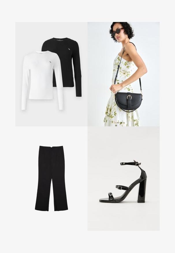 Abercrombie & Fitch ICON 2 PACK - Langarmshirt - brilliant white/black beauty; Schwarze Hose mit geradem Schnitt, ausgestattet mit Fronttaschen und Seitenschlitzen am Saum. Hergestellt aus weichem, glattem Stoff. Geeignet für verschiedene Anlässe.; Schwarze patentierte Sandalen mit Absatz, quadratischer Spitze, Knöchelriemen und silbernen Schnallen. Mit einem stabilen Blockabsatz für mehr Stabilität.; Schwarze Lederhandtasche mit geschwungener Form, abnehmbarem Tragegurt und goldenen Beschlägen. Die Tasche verfügt über einen Deckel mit einer Schnallen-Details.