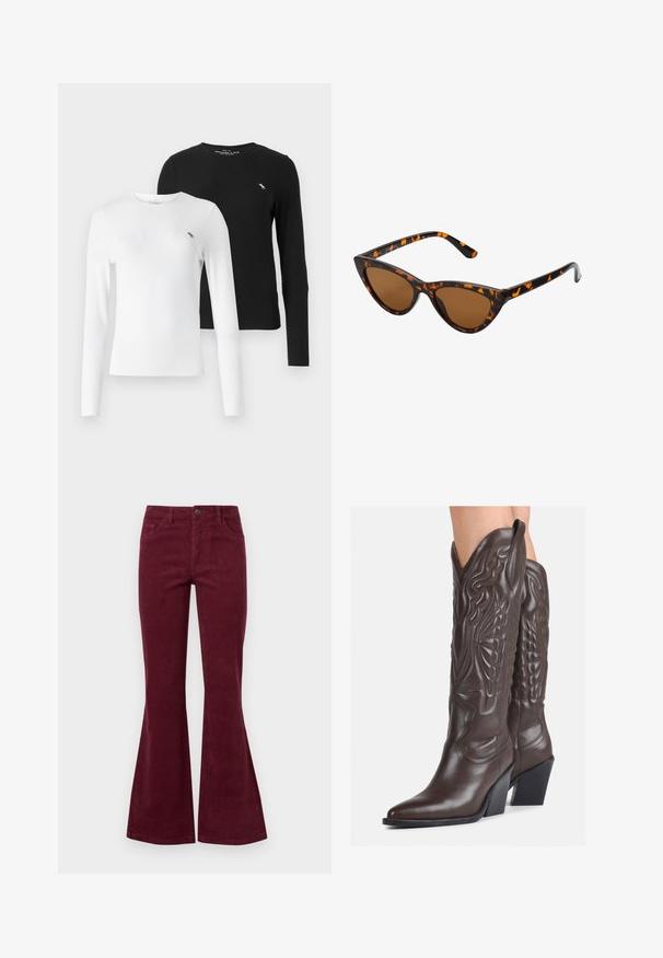 Abercrombie & Fitch ICON 2 PACK - Langarmshirt - brilliant white/black beauty; Bordeauxfarbene Corduroy-Hosen mit weitem Bein, fünf Taschen, einer Knopfleiste vorne und strukturiertem Stoff. Die Ausstellungen beginnen am Knie und gehen bis zum Saum.; Braune Leder-Cowboy-Stiefel mit spitzem Punkt und Blockabsatz, die über detaillierte Stickereien und hervorgehobene Akzente am Schaft verfügen.; Katzenaugen-Sonnenbrille mit einem schwarz-orangenen Schildpattrahmen, braunen Gläsern und schlanken, spitzen Enden. Verfügt über ein minimalistisches Logo am Bügel.; Kleine cremefarbene Handtasche mit strukturiertem Finish, einem langen verstellbaren Tragegurt, einem Kettenakzent und einem Klappenverschluss. Goldene Hardware-Details.