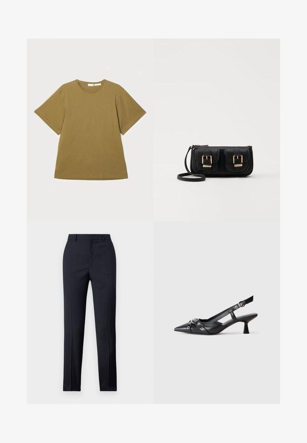Olive green short-sleeve t-shirt made of soft fabric, with a crew neckline and a relaxed fit, displayed against a white background.; Navy tailored trousers with a straight cut, featuring a smooth texture, two front pockets, and a clean waistband.; Black leather slingback shoe with a pointed toe, decorative straps featuring metal eyelets, and a low block heel. Textured surface.; Black leather crossbody bag with two front pockets, gold buckles, zipper closure, and a slim strap. Textured surface and compact rectangular shape.