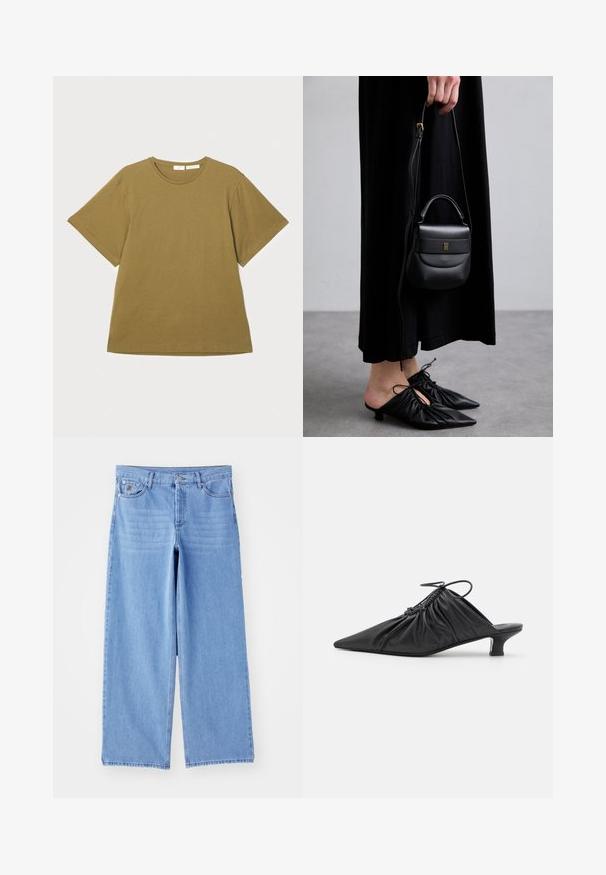 Olivenfarvet t-shirt med korte ærmer lavet af blødt stof, med rund halsudskæring og en afslappet pasform, præsenteret mod en hvid baggrund.; Lys blå brede ben jeans lavet af denim, med et klassisk fem-lomme design og en knaplukning. Glat tekstur, slidte kanter.; Sorte læder slip-on mules med spids tå, samlet tekstur og en lille kitten heel. Har en snor-detalje ved åbningen.; Lille sort læder håndtaske med en rund form, topgreb og aftagelig rem. Bæres med sort stofkjole og sorte plisserede sko.; Sølv perleøreringe med en buet, bønneform. Glat, blank overflade og sikret med en stift og bagside-lukning.