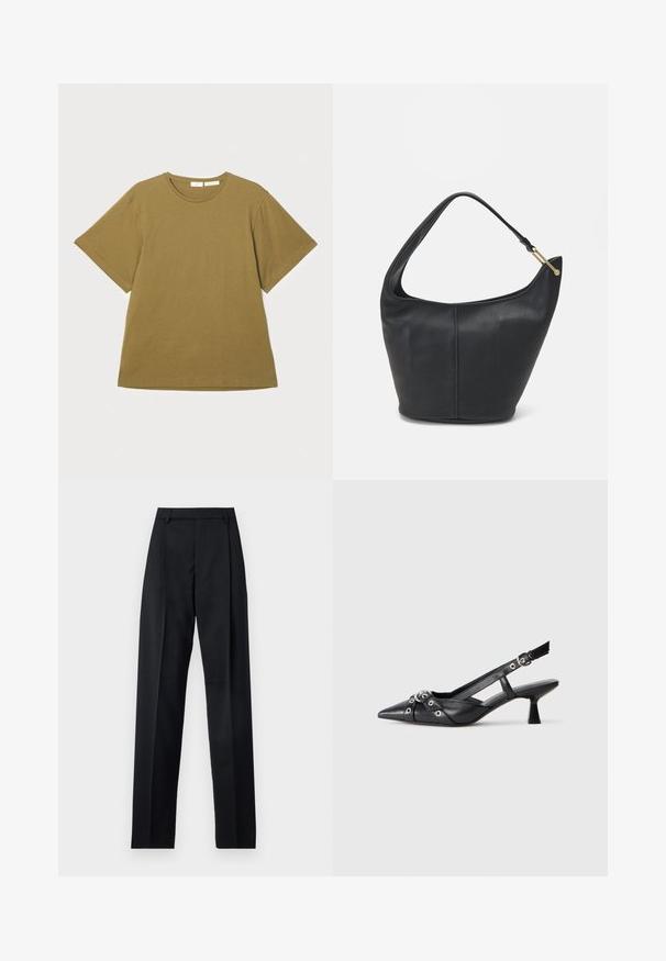 Olivenfarvet t-shirt med korte ærmer lavet af blødt stof, med rund halsudskæring og en afslappet pasform, præsenteret mod en hvid baggrund.; Sorte bukser lavet af glat stof, der har høj talje, brede ben, frontfolder og klassiske bælteløkker. Ingen synlige sidelommer.; Sort lædersandal med spids tå, dekorative stropper med metaløjer og en lav blokhæl. Struktureret overflade.; Sort læderhandtaske med en rund form, bred rem og textured finish. Har en subtil sømdetalje og en hardware i gyldent tone.