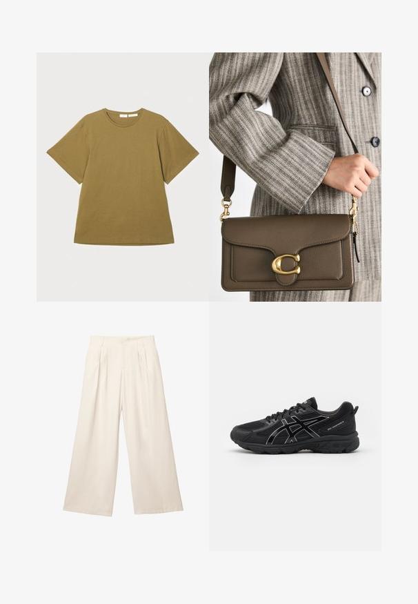 T-shirt verde oliva a maniche corte realizzato in tessuto morbido, con colletto a girocollo e una vestibilità rilassata, esposto su uno sfondo bianco.; Pantaloni a gamba larga di un leggero colore beige con un tessuto morbido e texture. Presentano pieghe frontali e una vita elasticizzata per una vestibilità comoda.; Scarpe sportive nere con tomaia in rete, accenti sintetici, dettagli riflettenti, suola ammortizzata e battistrada testurizzato per la presa.; COACH TABBY SHOULDER BAG 26 - Borsa a mano - dark stone