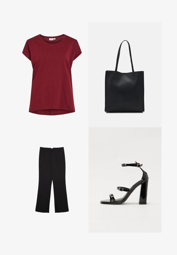 Burgundská tričko vyrobené z mäkkého bavlneného materiálu s okrúhlym výstrihom, krátkymi rukávmi a mierne zakriveným spodným okrajom. Jednoduchý, jednostranný dizajn.; Čierne nohavice so strihom rovného strihu, s prednými vreckami a bočnými rozparkami na leme. Vyrobené z mäkkej, hladkej tkaniny. Vhodné na rôzne príležitosti.; Čierne lakované sandále na podpätku so štvorcovou špičkou, navlečenými remienkami okolo členku a striebornými prackami. Disponujú masívnym blokovým podpätkom pre stabilitu.; Čierna kožená taška na rameno s hladkým povrchom, obdĺžnikovým tvarom a dvoma dlhými uchami. Bez viditeľného kovania alebo ozdôb.
