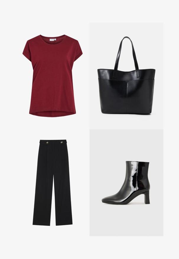 Bordowa koszulka wykonana z miękkiej bawełny, z okrągłym dekoltem, krótkimi rękawami i lekko zaokrąglonym dołem. Prosty, jednolity kolor.; Czarne szerokie spodnie z wysokim stanem, z detalami w postaci guzików na pasku oraz plisami z przodu.; Czarne lakierowane botki za kostkę z wysmukłym noskiem i średniej wysokości obcasem w kształcie słupka. Gładka tekstura i minimalistyczny design.; Czarna skórzana torba na ramię z dwoma długimi uchwytami, gładką teksturą i sztywną formą. Posiada przednią kieszeń dla dodatkowego przechowywania.