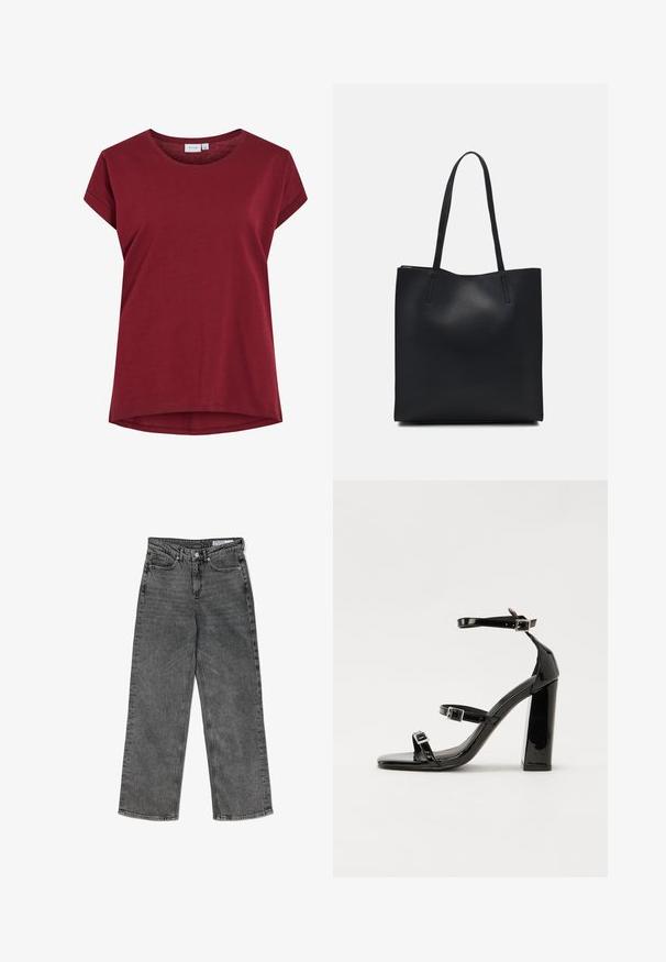 Tricou bordeaux din bumbac moale, cu guler rotund, mâneci scurte și un tiv ușor curbat. Design simplu, de culoare uniformă.; Jeans negre cu talie înaltă, spălate, cu croi drept, dotate cu buzunare frontale, curea, închidere cu buton și etichetă de marcă pe banda interioară.; Sandale cu toc din patent negru, cu vârf pătrat, curele la gleznă și catarame din argint. Dispune de un toc gros pentru stabilitate.; Geantă tote neagră din piele, cu textură netedă, formă rectangulară și două mânere lungi. Fără hardware vizibil sau ornamente.