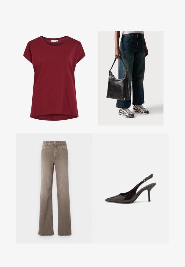 Burgundské tričko vyrobené z měkké bavlny, s kulatým výstřihem, krátkými rukávy a mírně zakřiveným lemem. Jednoduchý design v jedné barvě.; Hnědé džínsy s vysokým pasem, rovné nohy, předním knoflíkem, poutky na opasek a klasickým designem pěti kapes na bílém pozadí.; Slingback lodičky na vysokém podpatku z lesklé tmavě hnědé lakované kůže, s špičatou špičkou, otevřenými stranami a nastavitelným páskem kolem kotníku.; Černá kožená kabelka přes rameno se hladkým povrchem a nastavitelným popruhem, spárovaná s vybledlými džínami širokého střihu a sportovními teniskami.